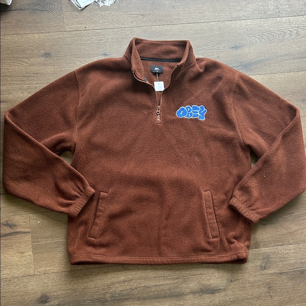 Obey Rust Brown Half-Zip Fleece Pullover with Blue Logo ! Large
